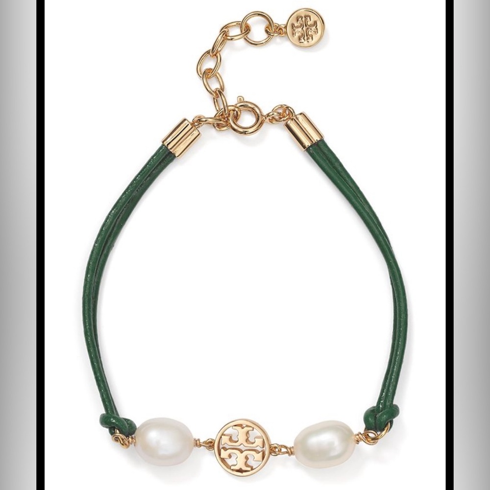 Gold and Green Tory Burch Logo Cultured Freshwater Pearl Rope Bracelet